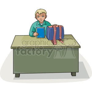 education cartoon back to school boy sitting desk backpack books learning ready first day determined interested student blond