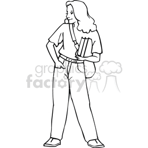 Black and white outline of a student with books clipart.