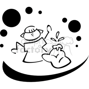 clipart - Black and white outline of a little girl and her science project.