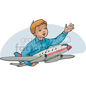 clipart - Cartoon boy playing with an airplane .