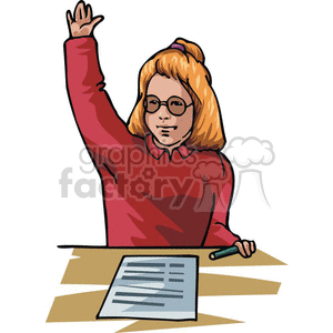 education cartoon girl back to school raising hand knowing answers questions glasses learning waiting class paper pencil notes determined 