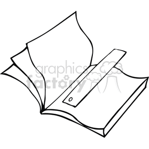 Black and white outline of a book and bookmark clipart.