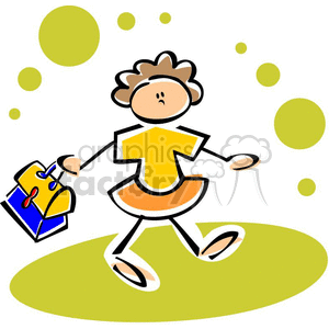 education cartoon back to school walking lunch time box little girl student first day recess fun happy whimsical 