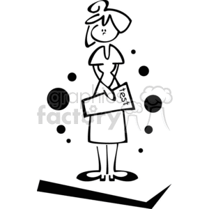 education cartoon black white outline teacher student holding test finished waiting done submitting college studying woman vinyl-ready whimsical fun cute standing class girl back to school