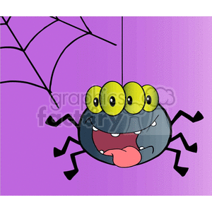 The clipart image depicts a funny and comical cartoon spider, with a big smile on its face and six legs. There is a web behind it to the left. It's a vector image, which means that it can be resized without losing quality. The image is suitable for Halloween-themed designs or any other projects related to spiders.
