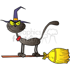 black cat riding on a witch broom clipart.