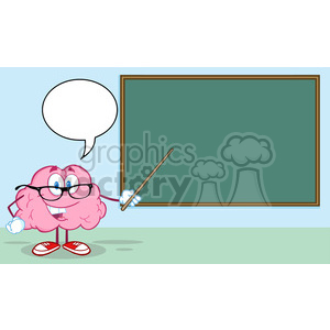 5814 Royalty Free Clip Art Smiling Brain Teacher Character With A Pointer In Front Of Chalkboard