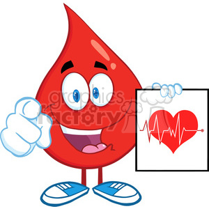 6202 Royalty Free Clip Art Red Blood Drop Cartoon Character Pointing With Finger And Presenting Ecg Graph On Red Heart clipart.