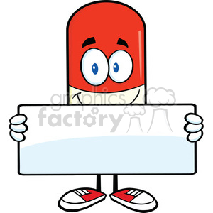 6294 Royalty Free Clip Art Pill Capsule Cartoon Mascot Character Holding A Banner clipart. Royalty-free image # 389352