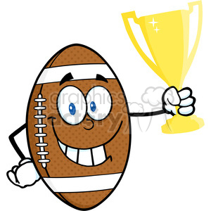 6584 Royalty Free Clip Art American Football Ball Cartoon Mascot Character Holding Golden Trophy Cup clipart.