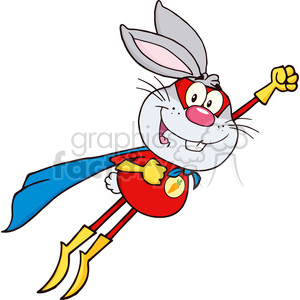 Royalty Free RF Clipart Illustration Gray Rabbit Superhero Cartoon Character Flying clipart.