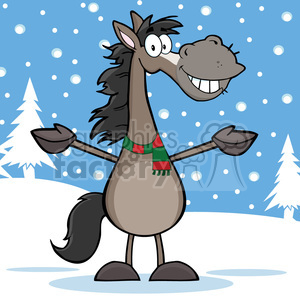 Smiling Gray Horse Cartoon Mascot Character Over Winter Landscape clipart. Royalty-free image # 393105