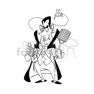 dracula cartoon with bug spray black and white clipart.