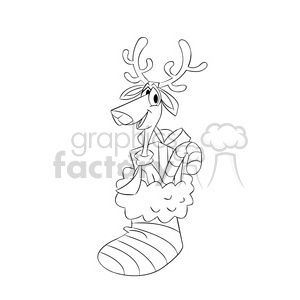 merry christmas stocking and reindeer cartoon black white clipart.