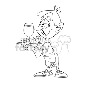 cartoon funny silly comics character mascot mascots waiter server food drinks restaurant serving wine service black+white