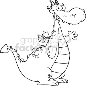 Royalty Free RF Clipart Illustration Black and White Dragon Cartoon Mascot Character Waving For Greeting clipart.