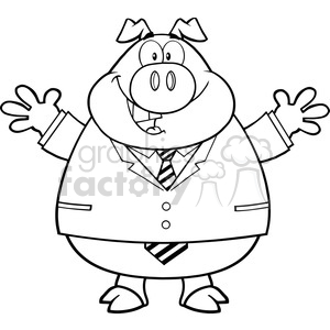 Royalty Free RF Clipart Illustration Black And White Businessman Pig Cartoon Mascot Character With Open Arms clipart. Commercial use image # 395412