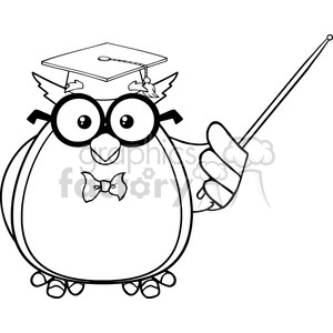 clipart - Royalty Free RF Clipart Illustration Black And White Wise Owl Teacher Cartoon Mascot Character With A Pointer.