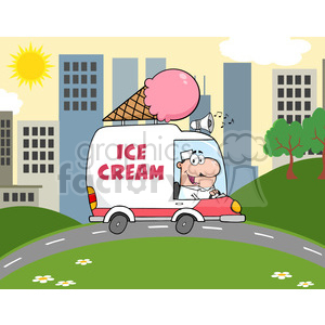 Royalty Free RF Clipart Illustration Happy Ice Cream Man Driving Truck In The Town clipart.