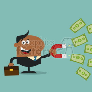 8286 Royalty Free RF Clipart Illustration Happy African American Manager Using A Magnet To Attracts Money Flat Design Style Vector Illustration clipart.