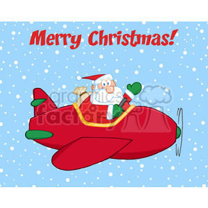 8203 Royalty Free RF Clipart Illustration Merry Christmas Greeting With Santa Claus Flying A Plane And Waving clipart.