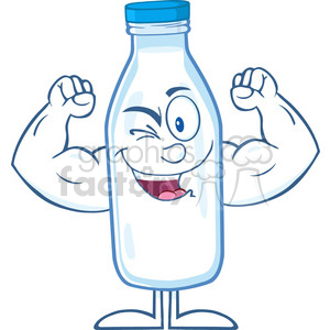 Royalty Free RF Clipart Illustration Winking Milk Bottle Cartoon Mascot Character Showing Muscle Arms clipart.