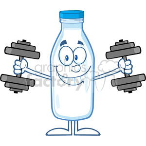 Royalty Free RF Clipart Illustration Smiling Milk Bottle Cartoon Mascot Character Training With Dumbbells clipart.