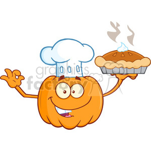Royalty Free RF Clipart Illustration Chef Pumpkin Cartoon Mascot Character Holding Perfect Pie clipart.