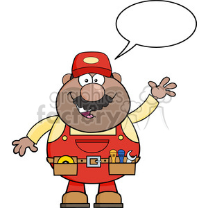 clipart - 8526 Royalty Free RF Clipart Illustration Smiling African American Mechanic Cartoon Character Waving For Greeting Vector Illustration With Speech Bubble.