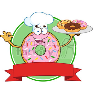 8727 Royalty Free RF Clipart Illustration Chef Pink Donut Cartoon Character With Sprinkles Serving Donuts Circle Label Vector Illustration Isolated On White clipart.
