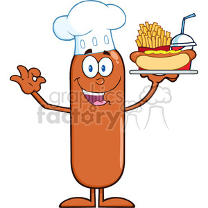 8434 Royalty Free RF Clipart Illustration Happy Chef Sausage Cartoon Character Carrying A Hot Dog, French Fries And Cola Vector Illustration Isolated On White clipart.