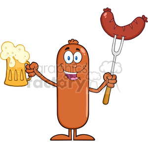 8448 Royalty Free RF Clipart Illustration Happy Sausage Cartoon Character Holding A Beer And Weenie On A Fork Vector Illustration Isolated On White clipart.