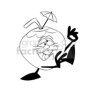 clipart - cartoon coconut character mascot charlie silly drunk black white.