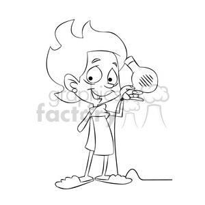 small cartoon girl blow drying her hair black white clipart.
