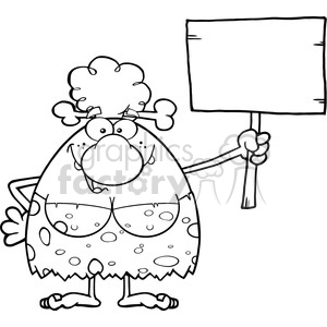black and white happy cave woman cartoon mascot character holding a wooden board vector illustration