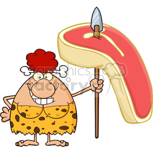 smiling red hair cave woman cartoon mascot character holding a spear with big raw steak vector illustration