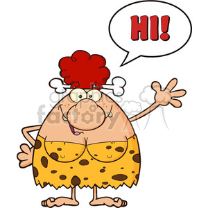 happy red hair cave woman cartoon mascot character waving and saying hi vector illustration clipart.