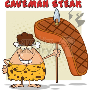 clipart - smiling brunette cave woman cartoon mascot character holding a spear with big grilled steak vector illustration with text caveman steak.