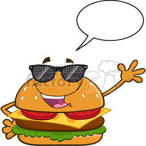 illustration happy burger cartoon mascot character with sunglasses waving for greeting and speech bubble vector illustration isolated on white background