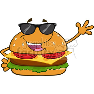 illustration happy burger cartoon mascot character with sunglasses waving for greeting vector illustration isolated on white background clipart. Commercial use image # 399415