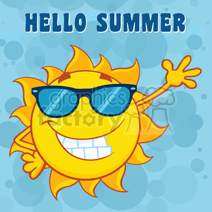 clipart - happy sun cartoon mascot character with sunglasses waving for greeting with text hello summer vector illustration with blue background.