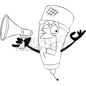 black and white cartoon microphone mascot character with a megaphone clipart.
