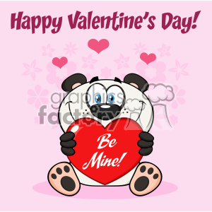 10684 Royalty Free Clipart Smiling Panda Bear Cartoon Mascot Character Holding A Valentine Love Heart With Text Be Mine Greeting Card With Flowers Background And Text Happy Valentine Day clipart.