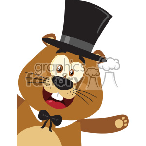 10638 Royalty Free RF Clipart Smiling Marmot Cartoon Mascot Character With Hat Waving From Corner Vector Flat Design clipart.