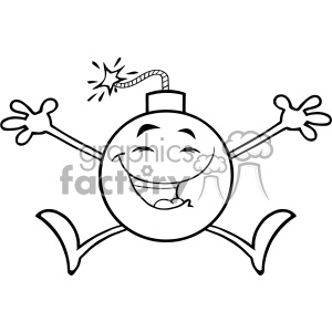 Black And White Happy Bomb Cartoon Mascot Character Jumping With Open Arms Vector Illustration clipart.