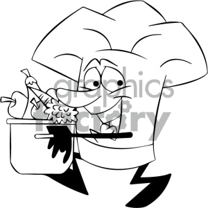 black and white cartoon chef with pot full of vegetables clipart.