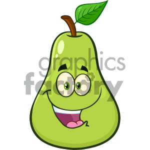 Royalty Free RF Clipart Illustration Happy Pear Fruit With Green Leaf Cartoon Mascot Character Vector Illustration Isolated On White Background clipart. Royalty-free image # 404303