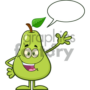 Happy Pear Fruit With Green Leaf Cartoon Mascot Character Waving For Greeting With Speech Bubble clipart.