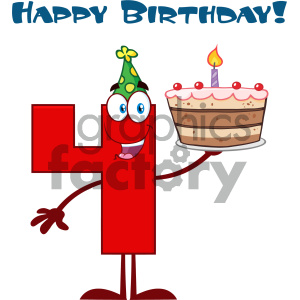 Funny Red Number Four Cartoon Mascot Character Holding Up A Birthday Cake With Text Happy Birthday clipart.