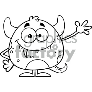 Black And White Happy Monster Cartoon Emoji Character Waving For Greeting Vector Illustration Isolated On White Background clipart.